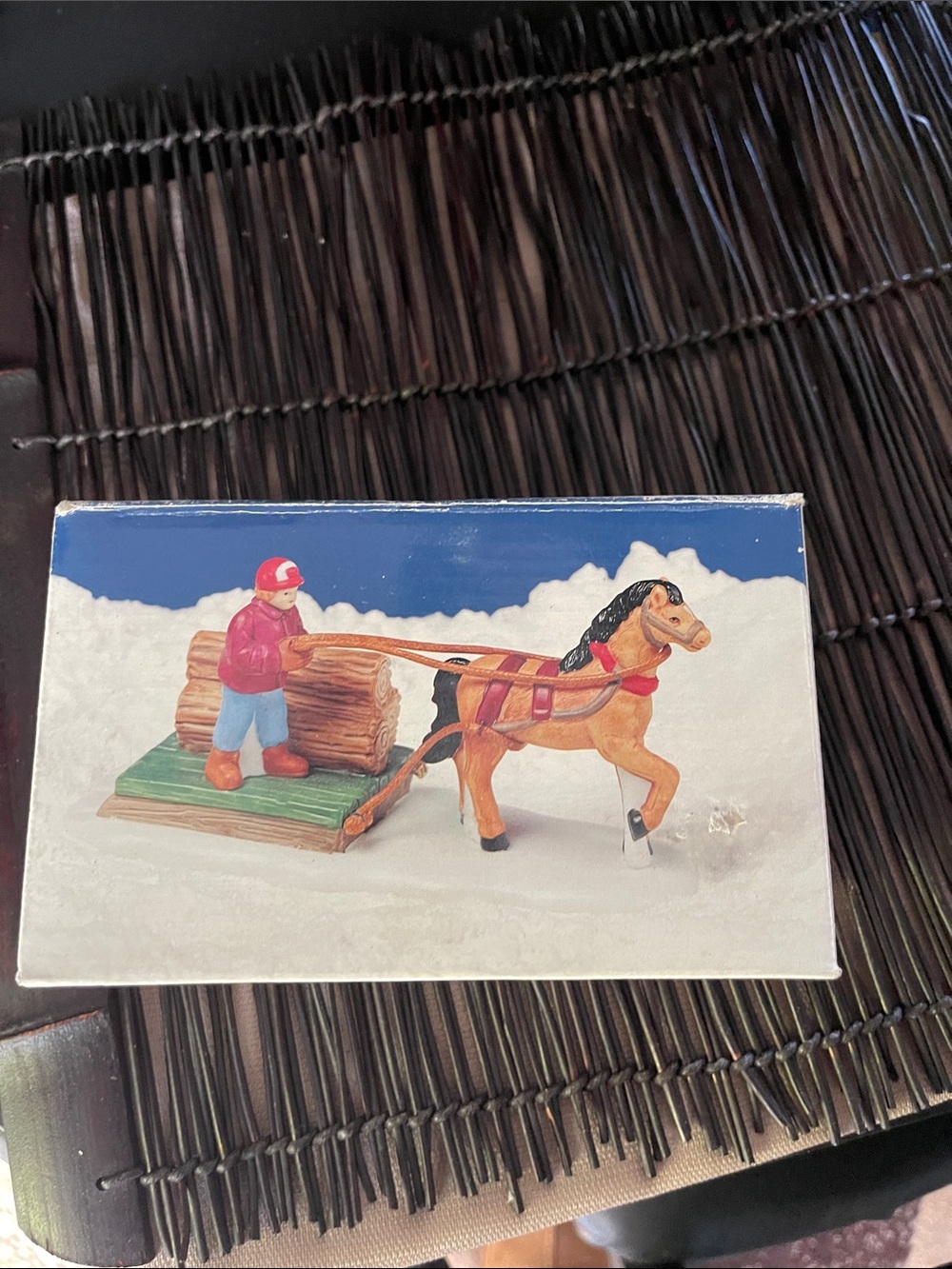 Horse-Drawn Log Sled Figurine - Brown Horse with Red Harness Christmas valley